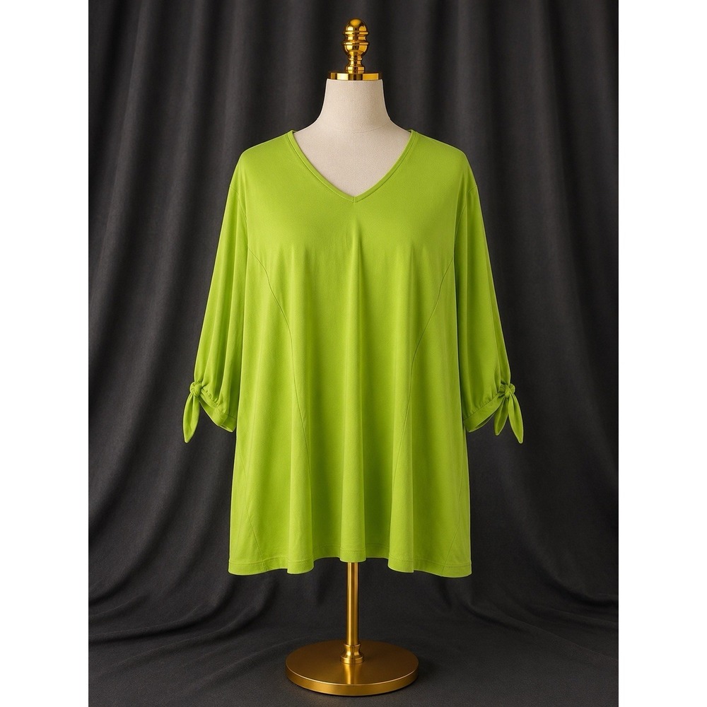 Susan Graver Liquid Knit Elbow Tie Sleeve Fit & Flare‎ Top Chartreuse Green 3X